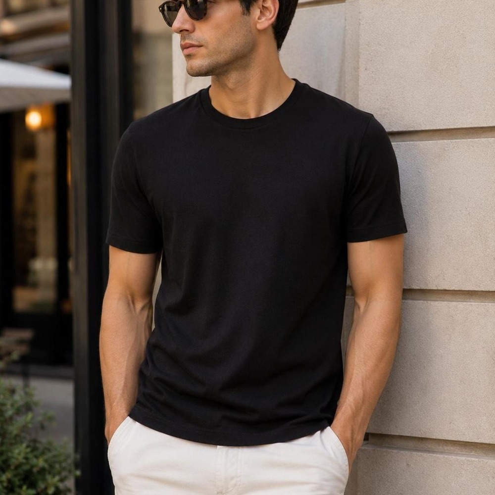 Olliver Grey Black Mako Cotton Crew Neck T Shirt Made in Italy Size Medium